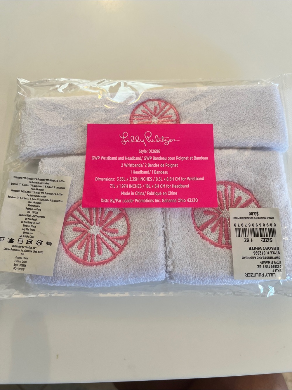 Lilly Pulitzer GWPWhite Terry Headband & Pink Wheel Embroidered Wristbands